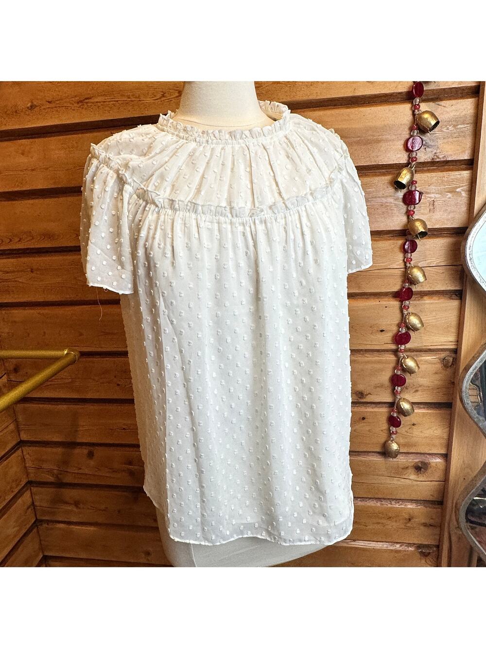 J.Crew Factory NWT Swiss Dot Ruffle Neck Blouse White Size Small